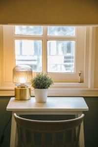 a table with a lamp and a potted plant in front of a window at White Lodge Hotel Bangkok in Bangkok