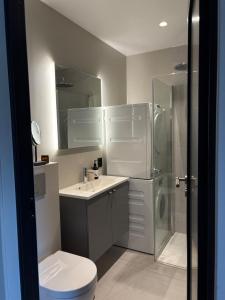 a bathroom with a toilet and a sink and a shower at New apartment at Majorstuen in Lii