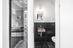 a bathroom with a shower and a sink and a toilet at LS 3-Apartments Hauptbahnhof Halle in Halle an der Saale