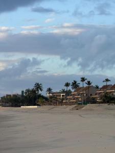 a beach with houses and palm trees in the distance at Apartamento Beach Place 100m da praia no Cumbuco in Caucaia