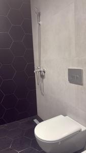 a bathroom with a toilet and a shower stall at Seaside Escape - 50 m to shore 2 in Golem +18 photos