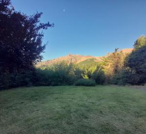 a green field with trees and mountains in the background at Cabaña Del Viento in Huinganco