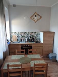 a dining room with a table and chairs and a kitchen at Apartament 103 in Lądek-Zdrój