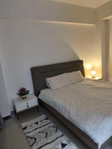 a bedroom with a bed and a nightstand with a bed sidx sidx sidx sidx at Elegant Ap in Muscat