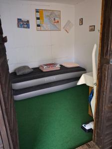 a room with a bed and a green floor at LAND FOR YOUR TENT NEXT TO A RIVER WITH A GARDEN SHACK ROOM you get two bicycles for amazing views and two water floats for a nice river run USE THE LOCATION NOT THE ADDRESS TO GET HERE bathroom is a bit different so check YouTube video RiverRunDusko in Ljubljana
