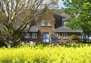 a large brick house with a tree and yellow flowers at Haus Wolfram App Gondeline Morsumer Kliff in Archsum