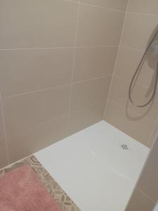 a shower with a white tile floor and a pink rug at Le gîte du Bonheur tranquille in Épégard +14 photos