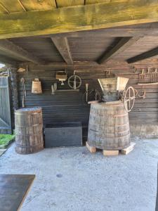 a room with two large barrels and a wooden ceiling at Casa Livada Bunicii in Târgu Ocna