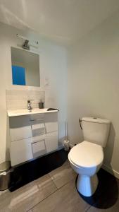 Un baño con un inodoro blanco y un lavabo. en Studio Sydney Charme et jardin I séjour pro ou romantique, en Châtellerault