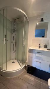 un baño con ducha y lavabo en Studio Sydney Charme et jardin I séjour pro ou romantique, en Châtellerault
