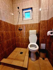 a bathroom with a toilet and a window at Casa Nicolas in Costinesti