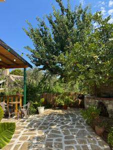 a garden with a stone patio with a tree at Vila Bleta in Vlorë