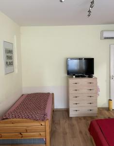 a bedroom with a bed and a tv on a dresser at Red Locomotive Apartment in Budapest