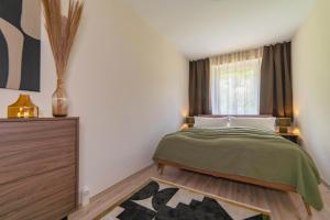 a bedroom with a bed and a window at Erzgebirge Suite Gipfelgrün in Kurort Oberwiesenthal