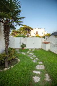a yard with a white fence and a palm tree at VILLINO DOLCE VITA - a 40 mt dal mare in LIDO DI ENEA - Ombrellone in spiaggia privata in Terracina