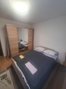 a bedroom with a large bed with a mirror at Stan Bjelave in Sarajevo