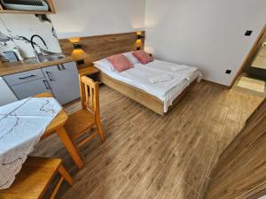 a small room with two beds and a sink at Pokoje do Wynajęcia u Lusi in Krościenko +58 photos
