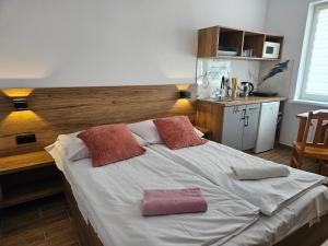 a bedroom with a large bed with two pillows on it at Pokoje do Wynajęcia u Lusi in Krościenko