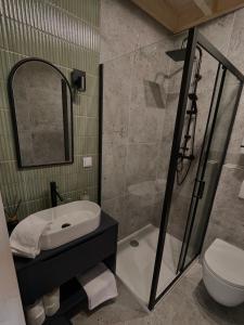 a bathroom with a shower and a sink and a toilet at Polna 31 in Olsztyn