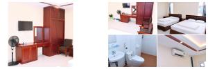 a collage of three pictures of a bathroom at Lao Cai Sun Hotel in Cốc Lếu
