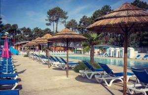 a row of chairs and umbrellas next to a pool at MH 556 - Océan Landes in Saint-Julien-en-Born