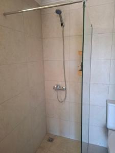 a bathroom with a shower with a glass door at Agnanti Kotsikia in Kotsikiá