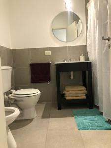 a bathroom with a toilet and a sink and a mirror at Duplex en alquiler in Tandil
