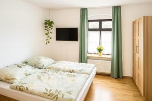 a living room with a couch and a television at Ferienwohnung auf der Schlossallee in Niederwiesa