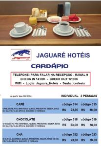 a flyer for a jacaranda hotels grille with a table with plates at Jaguaré Hotel in Sao Paulo +82 photos