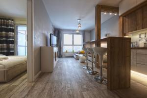 格但斯克Sweda Apartments Gdańsk Seaside的一间带厨房和客厅的房间