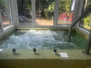 una bañera de hidromasaje en una habitación con ventanas en Edenrock Stairs, en Leányfalu