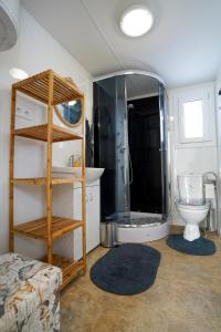 une salle de bains avec douche, toilettes et lavabo dans l'établissement Chata Efatha- holiday home in Liptov, à Svätý Kríž