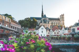 Una ciudad con un castillo al fondo con flores. en Le Gresset Entre Calme Et Centre D'Amiens, en Amiens