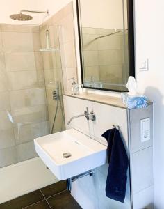 a bathroom with a sink and a shower at Wattkante B&B in Burhave +21 photos