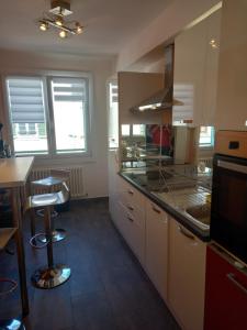 una cocina con fregadero y estufa horno superior en L'Escale champenoise 2 wifi and parking free, en Châlons-en-Champagne