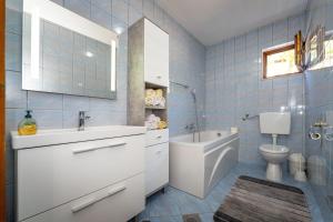 マスレニツァにあるMY DALMATIA - Holiday home Anatea with sea view terraceの青いタイル張りのバスルーム(洗面台、トイレ付) +31枚の写真