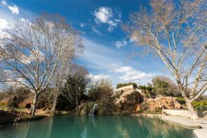 a pool of water with trees and a waterfall at El Surtidor in Anna