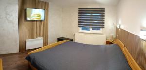 a bedroom with a bed and a window and a television at Casă de vacanţă ,,La Vălucu" in Curtea de Argeş