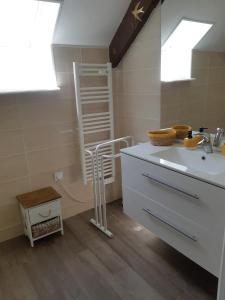 a bathroom with a sink and a shelf and skylights at Gîte de vacances Brocéliande in Saint-Onen-la-Chapelle