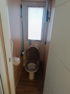 a small bathroom with a toilet with a black seat at Mobile home in Fabras +5 photos