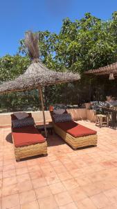 two beds under an umbrella on a patio at Maison la chèvre By Nath & Lulu in Essaouira