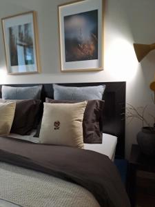 a bed with many pillows on it in a room at Rila Mountain Design Studio, Borovets, Shiroka poliana 216 in Borovets
