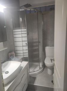 ein Badezimmer mit Dusche, Waschbecken und Toilette in der Unterkunft ZenPoint in Larisa