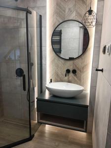 a bathroom with a sink and a mirror at Domek Sasino in Sasino
