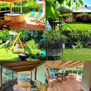 a collage of pictures of a yard with a patio at RanczoLatyczyn in Latyczyn