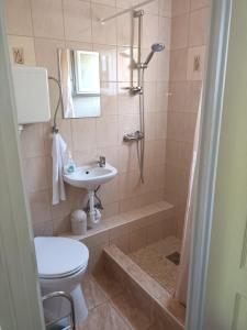 a bathroom with a sink and a toilet and a shower at Harmónia Vendégház Tiszakécske in Tiszakécske