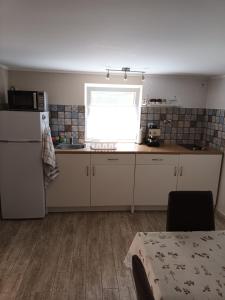 a kitchen with a sink and a refrigerator and a window at Harmónia Vendégház Tiszakécske in Tiszakécske