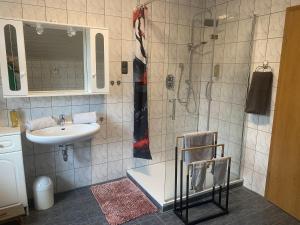 a bathroom with a sink and a shower with a sink at Villa-Maru 80qm Ferienwohnung in Lindlar +44 photos