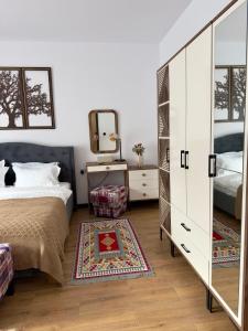 a bedroom with a bed and a mirror at Vila Ferdinand Spa and Retreat in Sinaia