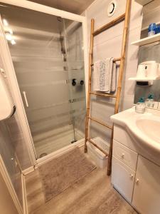 a bathroom with a shower and a sink at Chambre d'hôte chez Nathalie & Roland in Massiac +23 photos